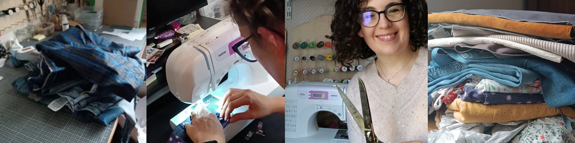bannières paysage avec 4 photos - tissu upcyclé, zoom sur la machine à coudre en action, portrait de la créatrice avec des ciseaux, pile de tissu upcyclé