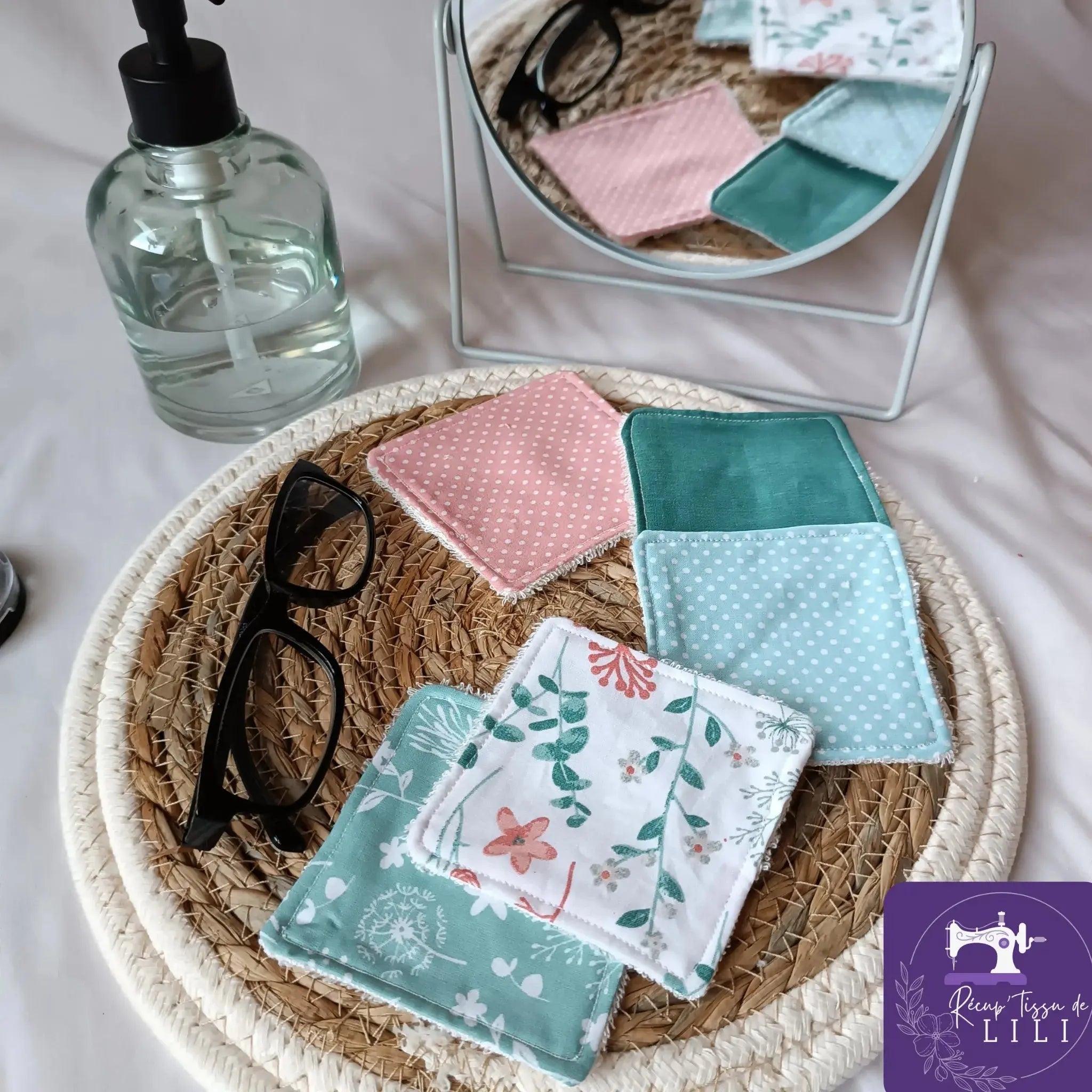 Lot de 5 lingettes démaquillantes lavables vertes et corail en éponge de bambou