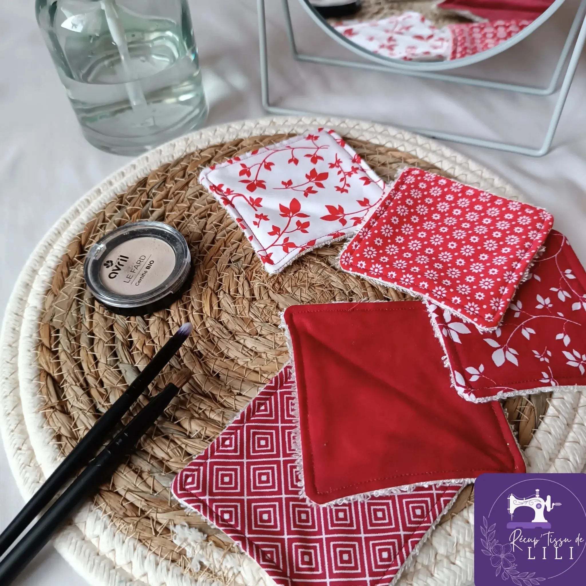 Lot de 5 lingettes démaquillantes lavables rouges en éponge de bambou